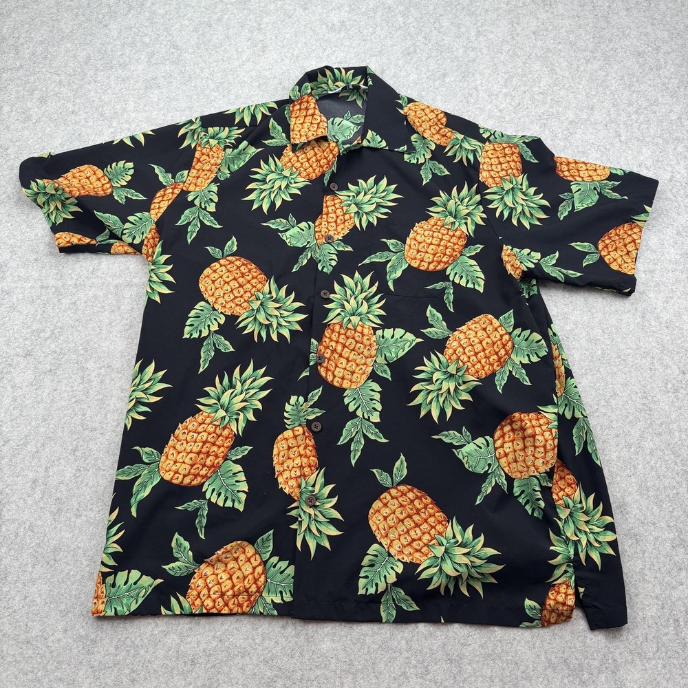 FLVISH Shirt Mens XL Black Pineapple Hawaiian Aloha Button Up Polyester Casual